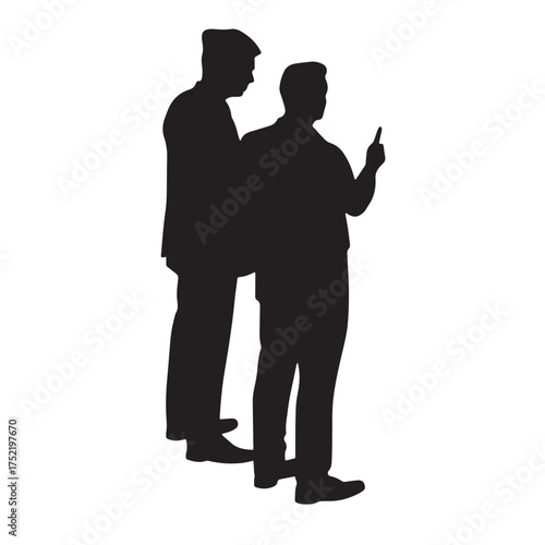 Two men in silhouette looking at something, isolated on white background