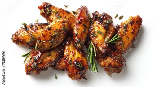 A top-down view reveals a cluster of roasted chicken wings, glazed and garnished with herbs, resting on a bright white surface