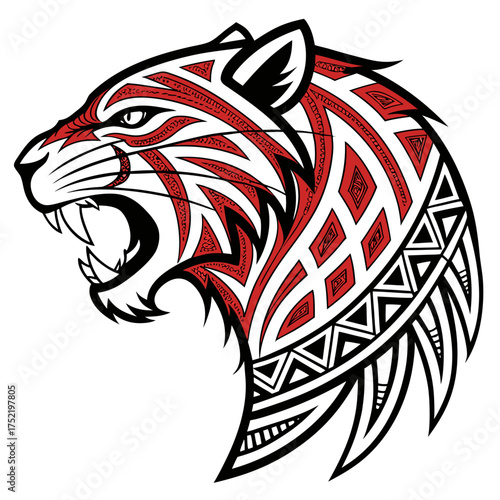 A fierce tiger head profile with red and black tribal patterns showing teeth and sharp details design created with generated ai