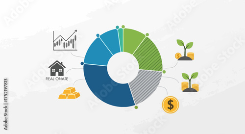 Financial portfolio diversification with round pie chart showing investment strategy. Financial portfolio allocation with plants growing from money, gold bars, real estate,