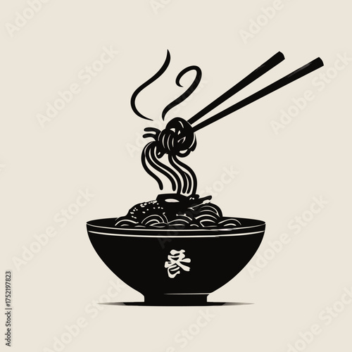 A bowl of steaming noodles being lifted by chopsticks in a simple illustration