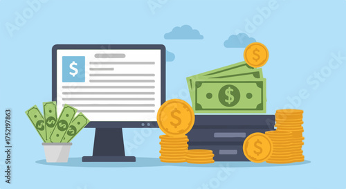 Money transfer illustration displays dollar bills, stacked coins, computer with financial data. Global money transfer facilitates currency exchange, mobile banking, secure payments.