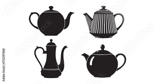 Set of four black silhouette teapots isolated on transparent background