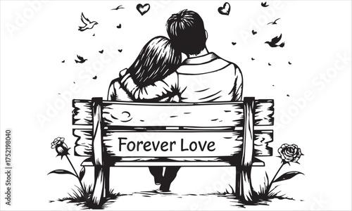 A romantic black-and-white illustration of a couple sitting closely on a bench under the sky, symbolizing everlasting love and togetherness. Perfect artwork for expressing affection, devotion .