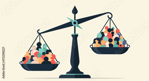 Scales of justice showing inequality with human head silhouettes symbolizing imbalance, scales of justice concept. Inequality emphasized by the scales of justice and population headcount.