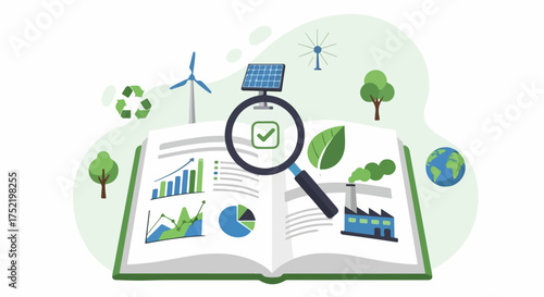 Environmental audit with open book showing diagrams and magnifying glass, solar panel and wind turbine. Environmental audit examines graphs and indicators.