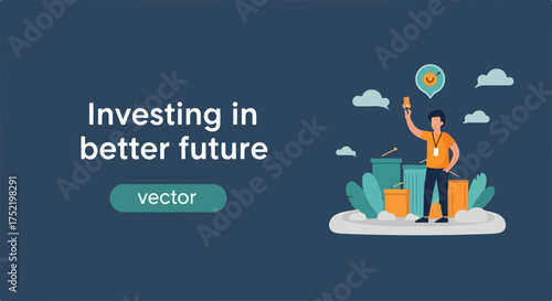 Investing in future visualized through illustration of man standing near containers, representing financial growth and investment. Investing in future is a strategy for sustainable profits,