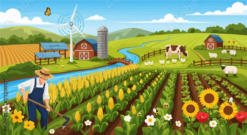 Farm landscape with farmer tending crops, idyllic countryside view. Agricultural farm landscape with farmer working, windmill and fields of sunflowers creates idyllic rural scenery.