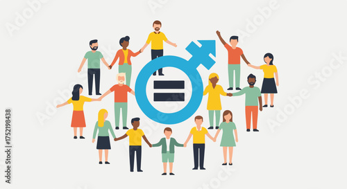 Gender equality illustration displaying human diversity around gender equality symbol. Concept of gender equality showing inclusion and respect among diverse groups.