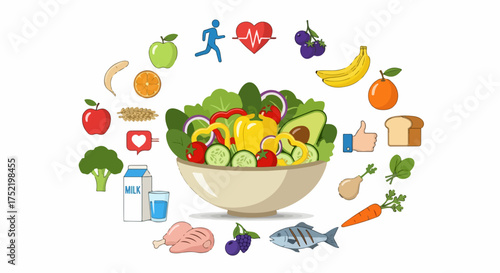 Healthy eating concept featuring fresh salad with vegetables, protein, and fruits. Vibrant icons illustrate balanced ingredients, perfect for planning healthy eating habits.