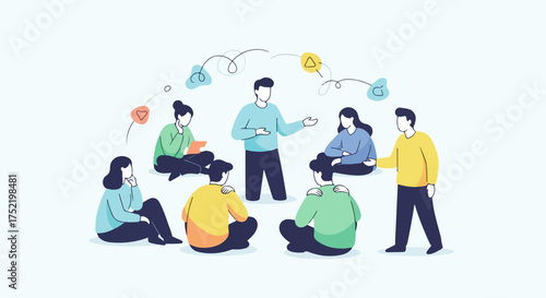 Brainstorming meeting featuring diverse people in circle, engaging in creative session with lightbulb ideas. Effective brainstorming meeting with team discussing project, generating solutions,