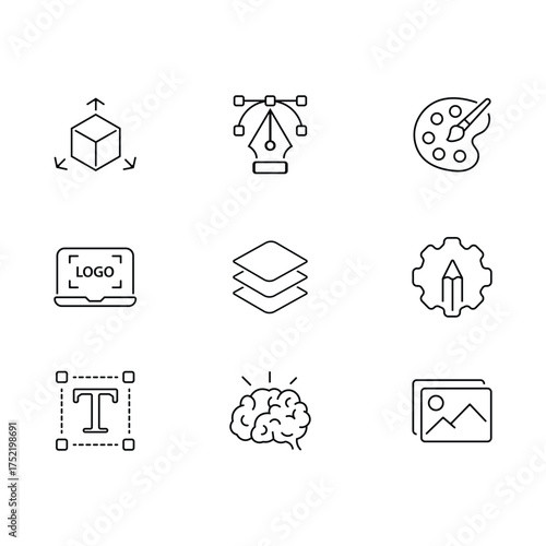 A set of nine hand drawn sketch icons representing various aspects of graphic design and creative processes