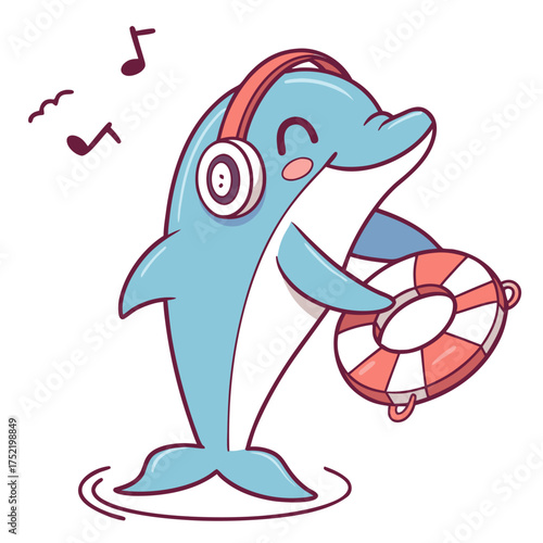 Cute mascot Happy Dolphin wearing headphones and a life preserver ring.