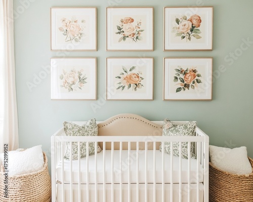 Baby nursery room white crib center has beige gallery wall, home