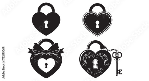 Four black heartshaped padlock icons with intricate details and a key, isolated on transparent background