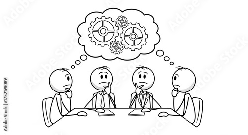 Stick figure business man helping another fish with black lines near a riverbank illustration.