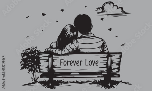 A romantic black-and-white illustration of a couple sitting closely on a bench under the sky, symbolizing everlasting love and togetherness. Perfect artwork for expressing affection, devotion .