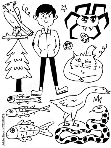 Hand-drawn doodle set of boy, animals, and nature elements