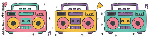 Set of vintage boomboxes in pink, yellow and teal colors with doodle details, in bright retro cartoon style