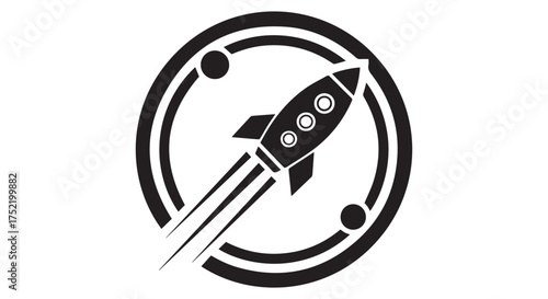Stylized rocket ship icon with motion trails and orbiting planets, isolated on transparent background