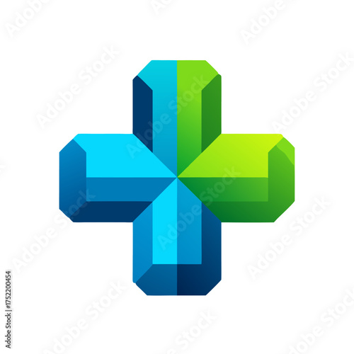 Abstract plus symbol with faceted blue and green arms