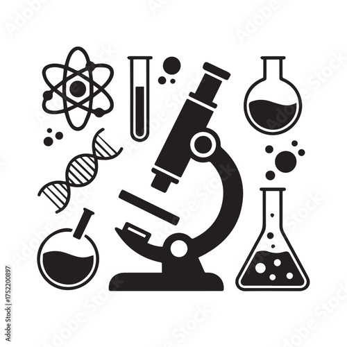 Vector art of collection of science and chemistry icons including a microscope, dna strand, atom symbol, and laboratory flasks