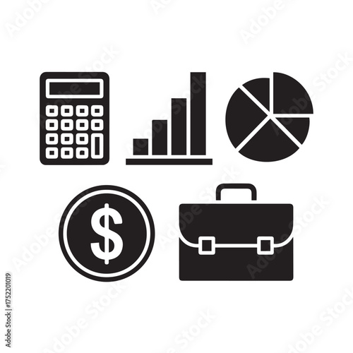 Vector art of collection of business and finance icons including a calculator, bar graph, pie chart, dollar coin, and briefcase