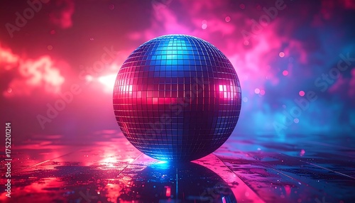 A glowing, mirrored sphere sits on a reflective floor, bathed in vibrant pink and blue light amidst a hazy, atmospheric backdrop
