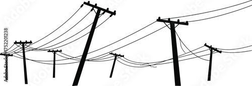 Utility poles leaning with power lines, damaged electricity infrastructure, urban energy distribution, electrical grid failure, silhouette poles, industrial landscape,
