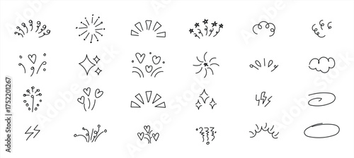 line confetti and exclamation icon elements — hand drawn burst, spark, and twinkle starburst decoration for stickers, social media, and design projects