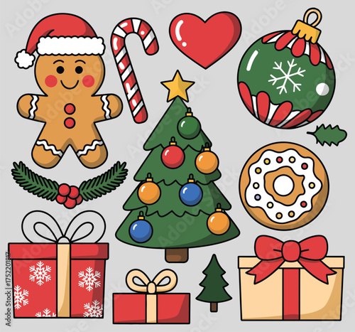 Christmas ornament vector illustration banner with decorative holiday elements snowflakes gifts stars and garlands perfect for winter celebration designs posters cards and seasonal clipart set