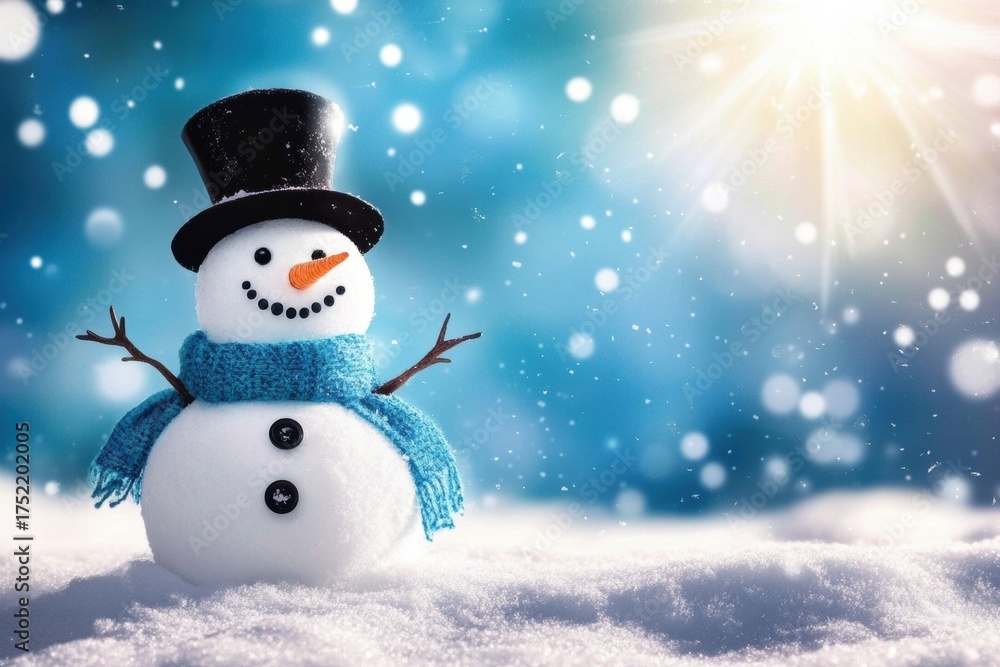 Fototapeta premium Digital illustration snowman standing snow wearing black top Happy smiling