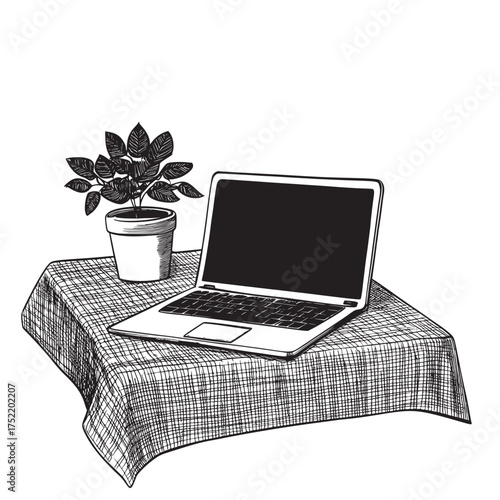 creative line art vector illustration of laptop on a patterned tablecloth