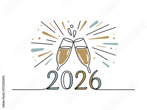 Continuous line art illustration of two clinking glasses forming 2026 celebrating new year's eve
