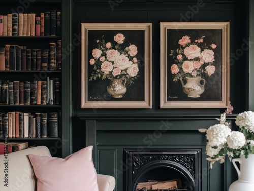 Living room dark green walls fireplace left side Artwork in a frame