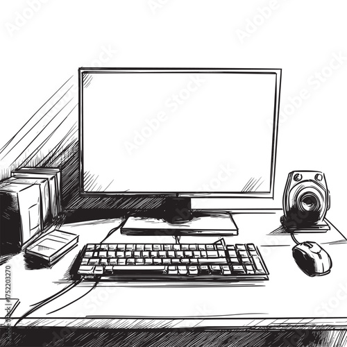 cute hand drawn cartoon outline line art of backlit mechanical keyboard in a gaming room