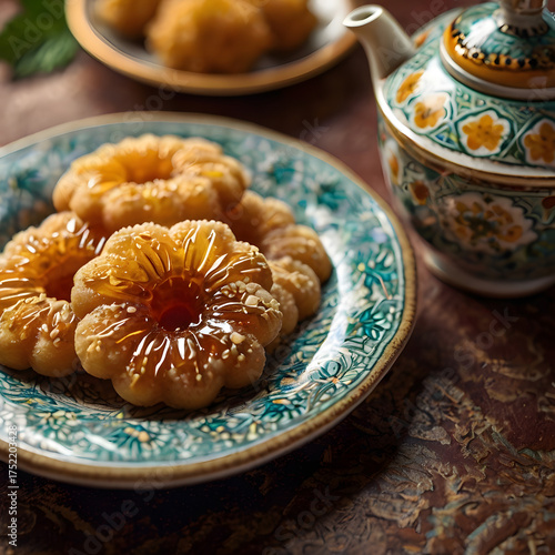 Delicious Honey-Glazed Flower-Shaped Pastries with a Decorative Teapot on a Vintage Plate