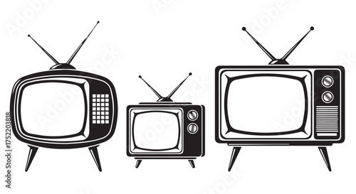 Collection of vintage television sets isolated on transparent background