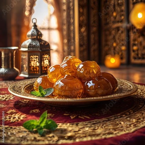 Close-up shot of sweet, amber-colored Middle Eastern candies with fresh mint leaves on a decorative plate