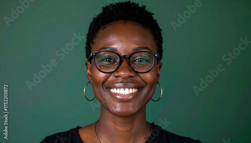 a black woman with short hair wearing eyeglasses spectacles and smiling on a green background