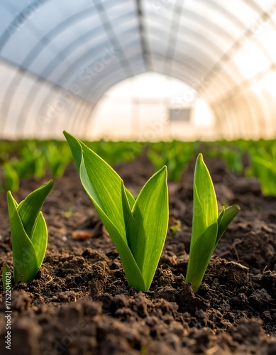 Close-up of fresh sprouts growing inside a covered greenhouse