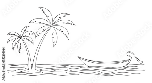 Tropical island scene with palm trees and a traditional canoe on the water isolated on transparent background