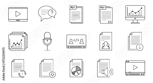 Set of digital and data icons, featuring charts, documents, and media players, isolated on transparent background