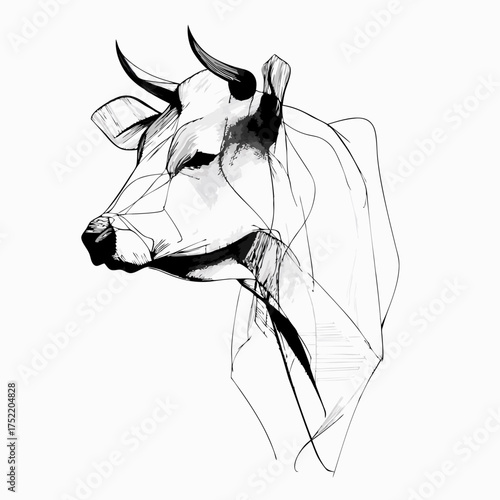 Stylized portrait of a cow in profile, black and white sketch