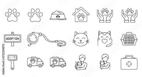 Collection of line art icons related to pet adoption and care, isolated on transparent background