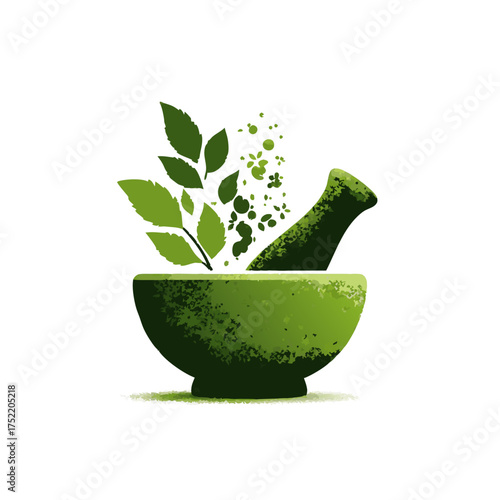 Mortar and pestle with herbs being ground