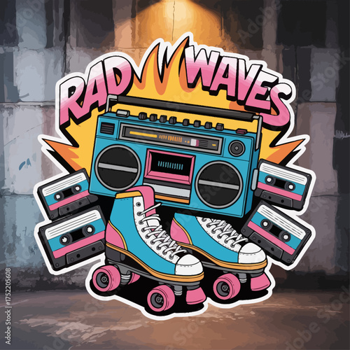 Retro Roller Skate and Boombox Illustration with Cassette Tapes and Bold Typography — 80s Streetwear Doodle Design