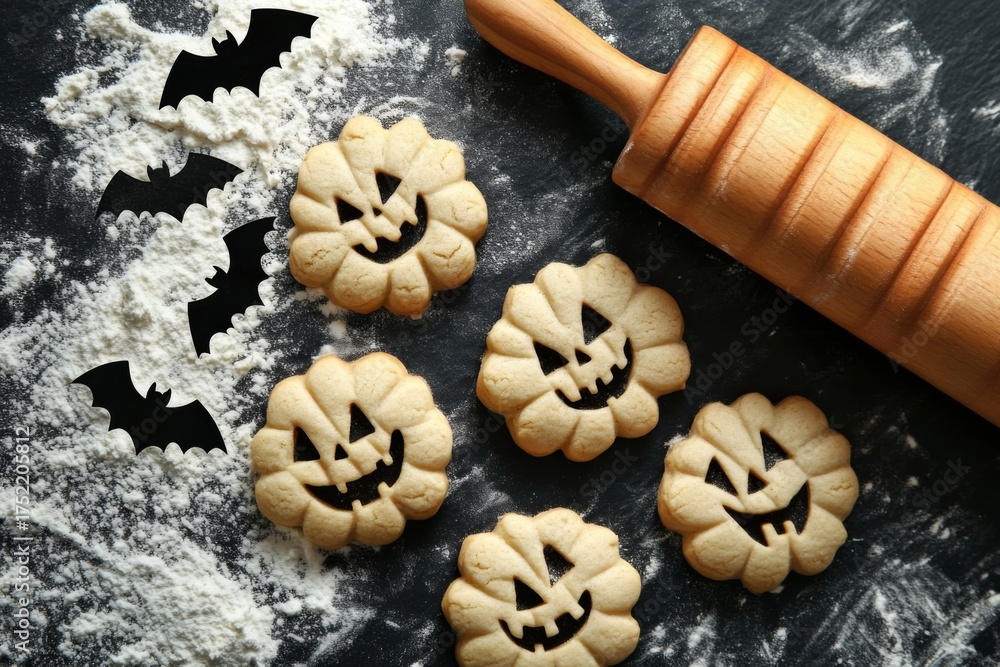 Fototapeta premium Wooden rolling pin six pumpkin-shaped cookies black surface Funny food