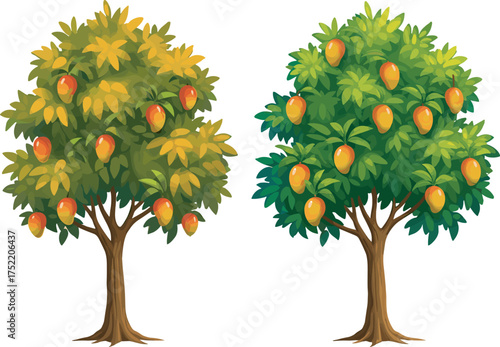 Cartoon fruit tree comparison with orange fruits, seasonal foliage, healthy leaves, garden growth, nature illustration, plant productivity, environmental change, botanical study