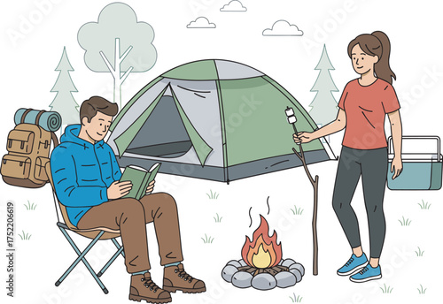 Outdoor camping scene with tent, campfire, backpack, marshmallow roasting, reading book, forest trees, leisure activity, hiking boots, relaxing nature adventure, peaceful evening
